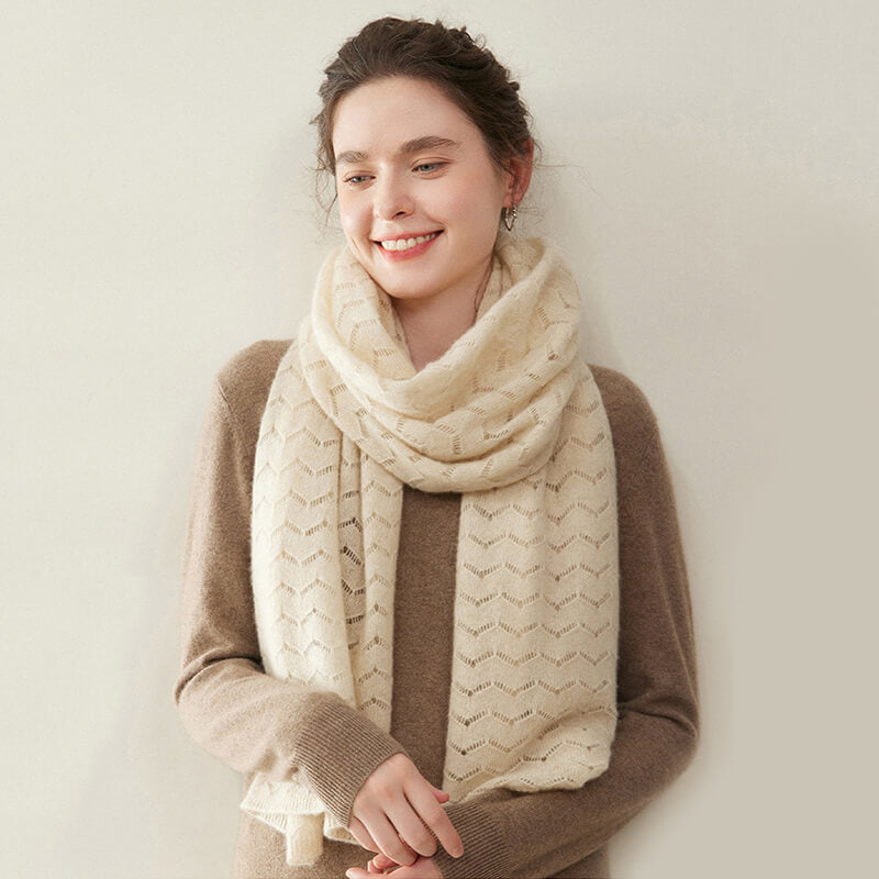 Women's Long Soft 100% Cashmere Scarf with Chevron Openwork Pattern CP049