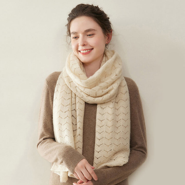 Women's Long Soft 100% Cashmere Scarf with Chevron Openwork Pattern CP049
