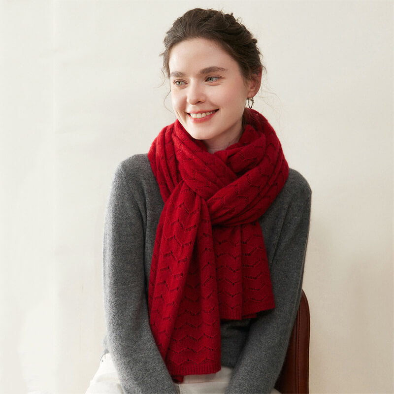 Women's Long Soft 100% Cashmere Scarf with Chevron Openwork Pattern CP049
