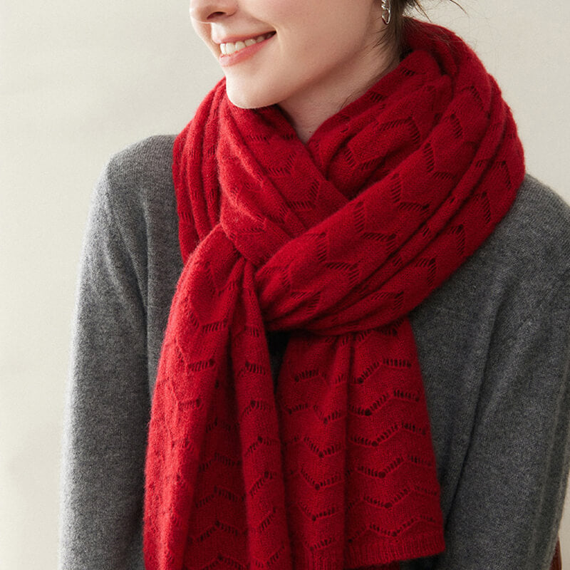 Women's Long Soft 100% Cashmere Scarf with Chevron Openwork Pattern CP049