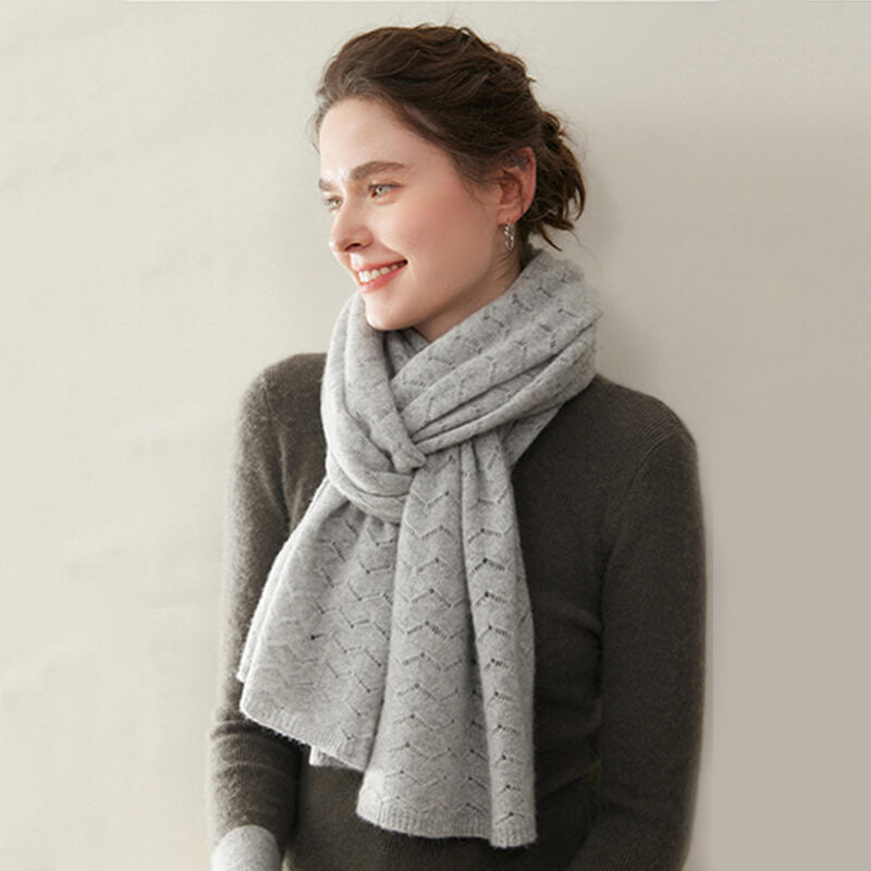 Women's Long Soft 100% Cashmere Scarf with Chevron Openwork Pattern CP049