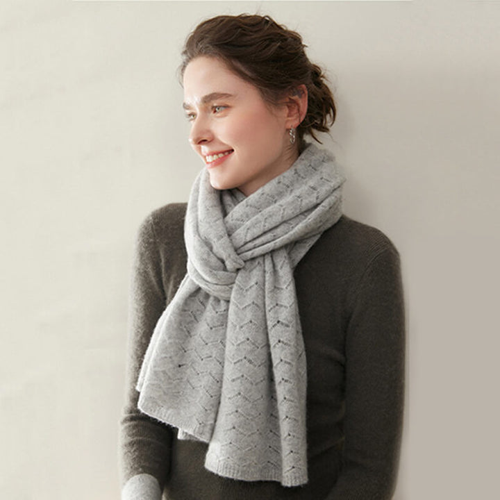 Women's Long Soft 100% Cashmere Scarf with Chevron Openwork Pattern CP049