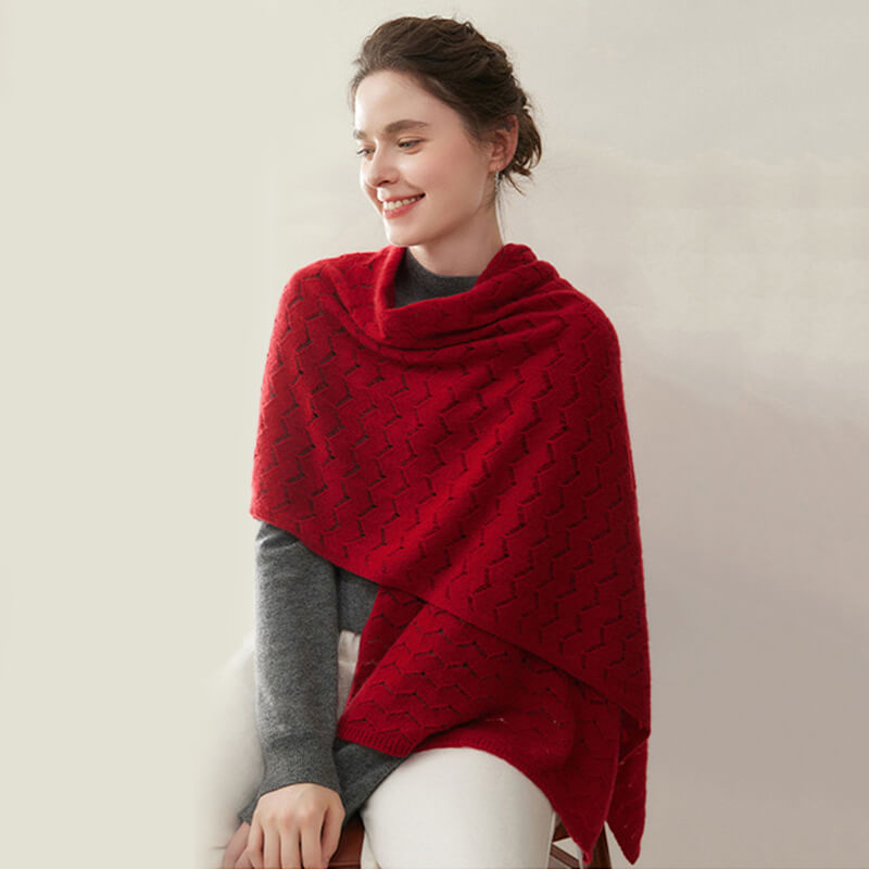 Women's Long Soft 100% Cashmere Scarf with Chevron Openwork Pattern CP049