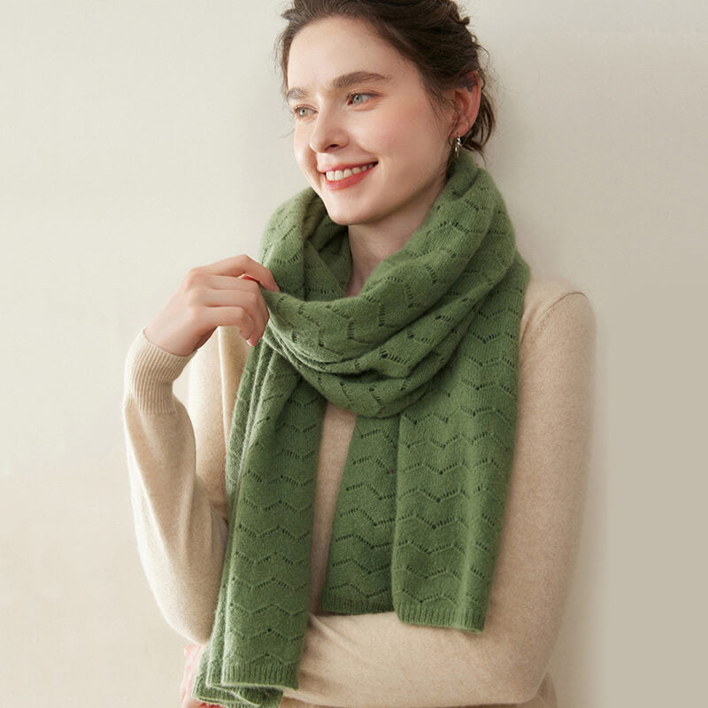 Women's Long Soft 100% Cashmere Scarf with Chevron Openwork Pattern CP049