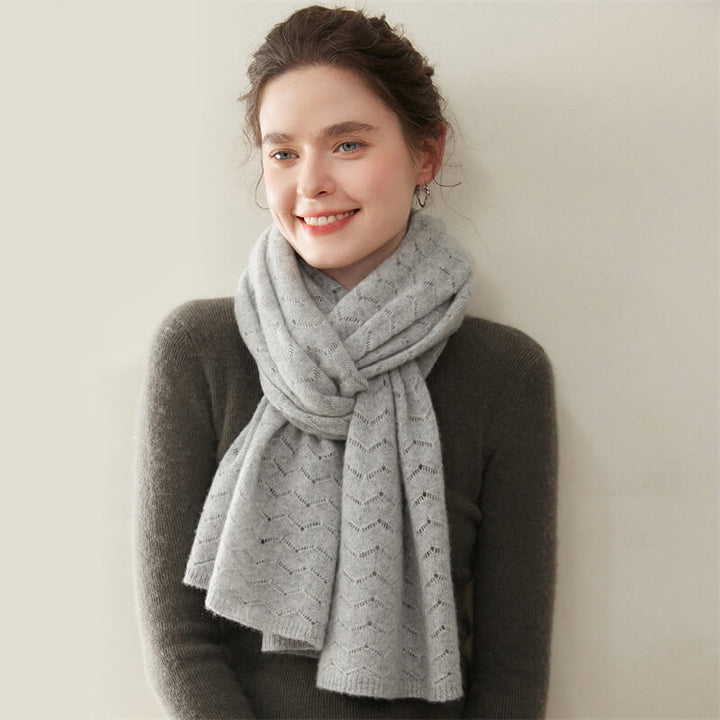 Women's Long Soft 100% Cashmere Scarf with Chevron Openwork Pattern CP049