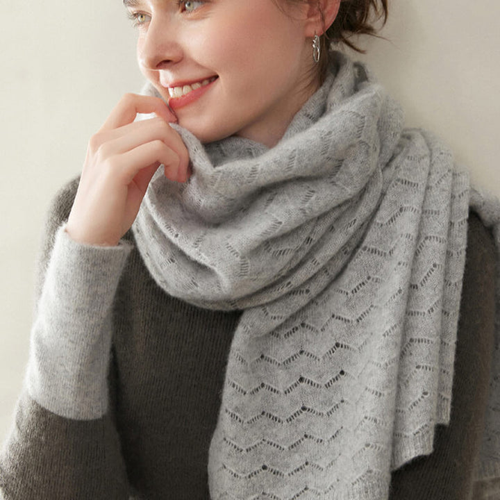 Women's Long Soft 100% Cashmere Scarf with Chevron Openwork Pattern CP049