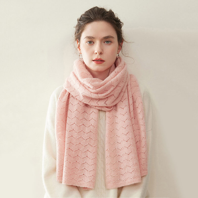 Women's Long Soft 100% Cashmere Scarf with Chevron Openwork Pattern CP049