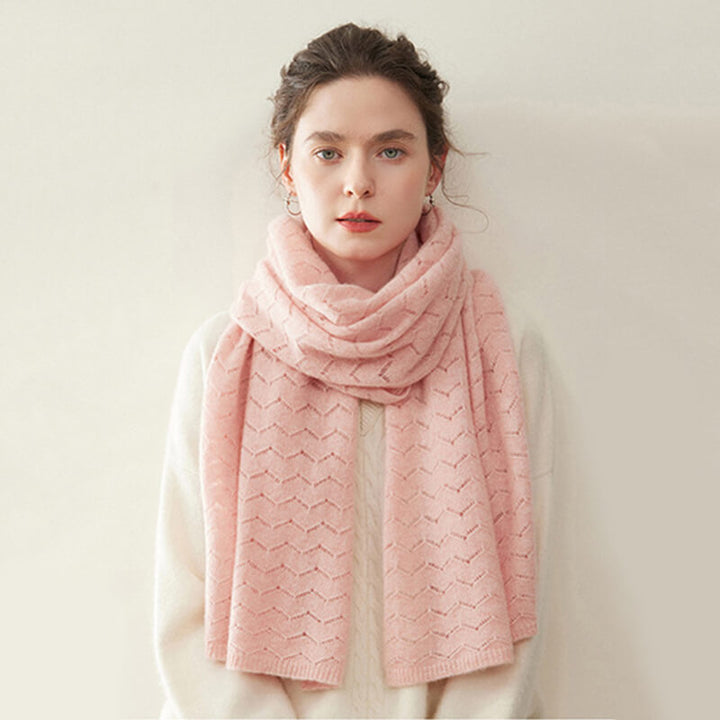 Women's Long Soft 100% Cashmere Scarf with Chevron Openwork Pattern CP049
