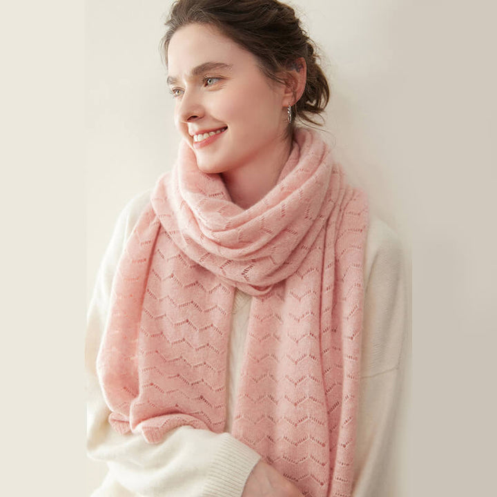 Women's Long Soft 100% Cashmere Scarf with Chevron Openwork Pattern CP049