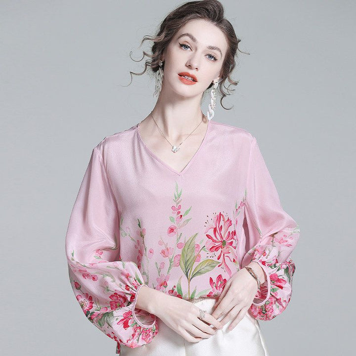 Women's Luxury Floral Silk Blouse Blush Pink V-Neck Bishop Sleeve Top