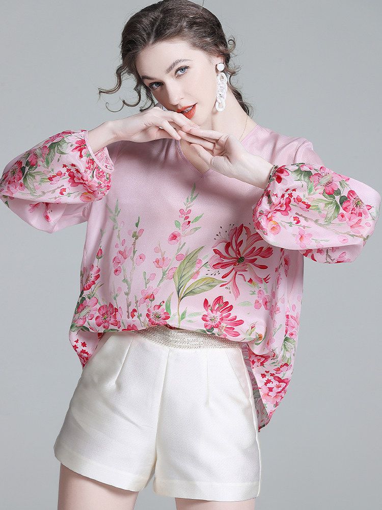 Women's Luxury Floral Silk Blouse Blush Pink V-Neck Bishop Sleeve Top