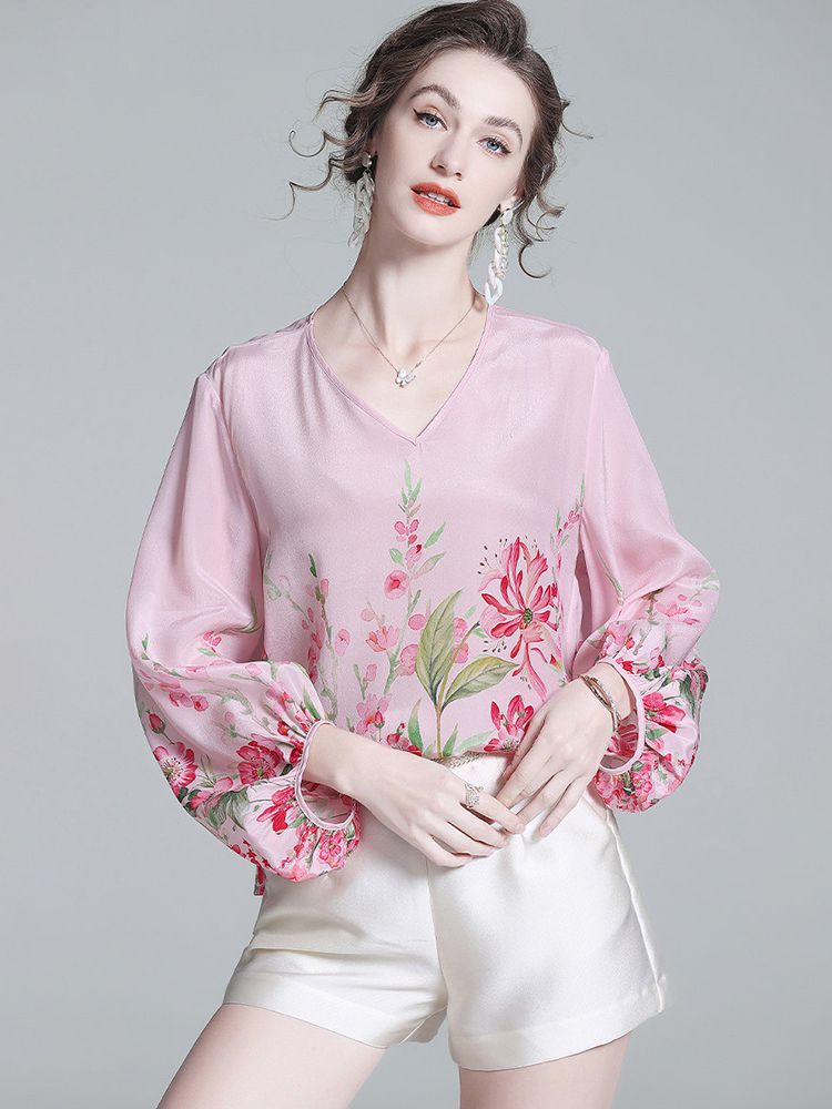 Women's Luxury Floral Silk Blouse Blush Pink V-Neck Bishop Sleeve Top