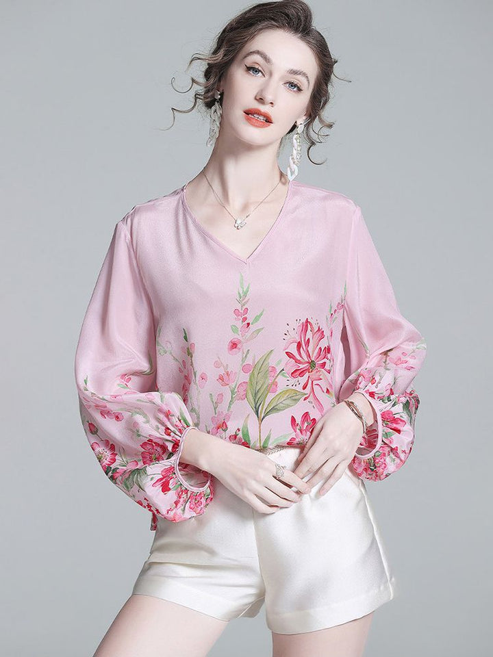 Women's Luxury Floral Silk Blouse Blush Pink V-Neck Bishop Sleeve Top