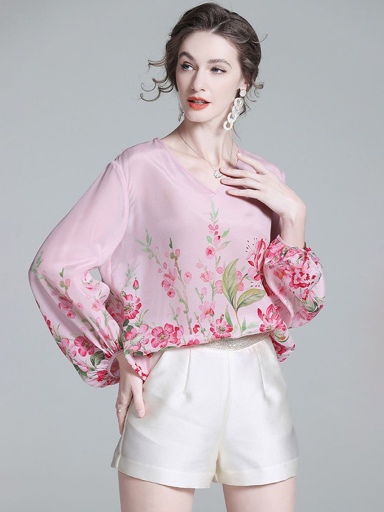 Women's Luxury Floral Silk Blouse Blush Pink V-Neck Bishop Sleeve Top