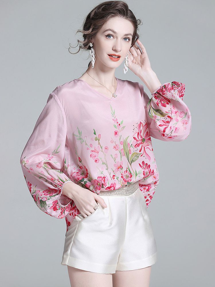 Women's Luxury Floral Silk Blouse Blush Pink V-Neck Bishop Sleeve Top