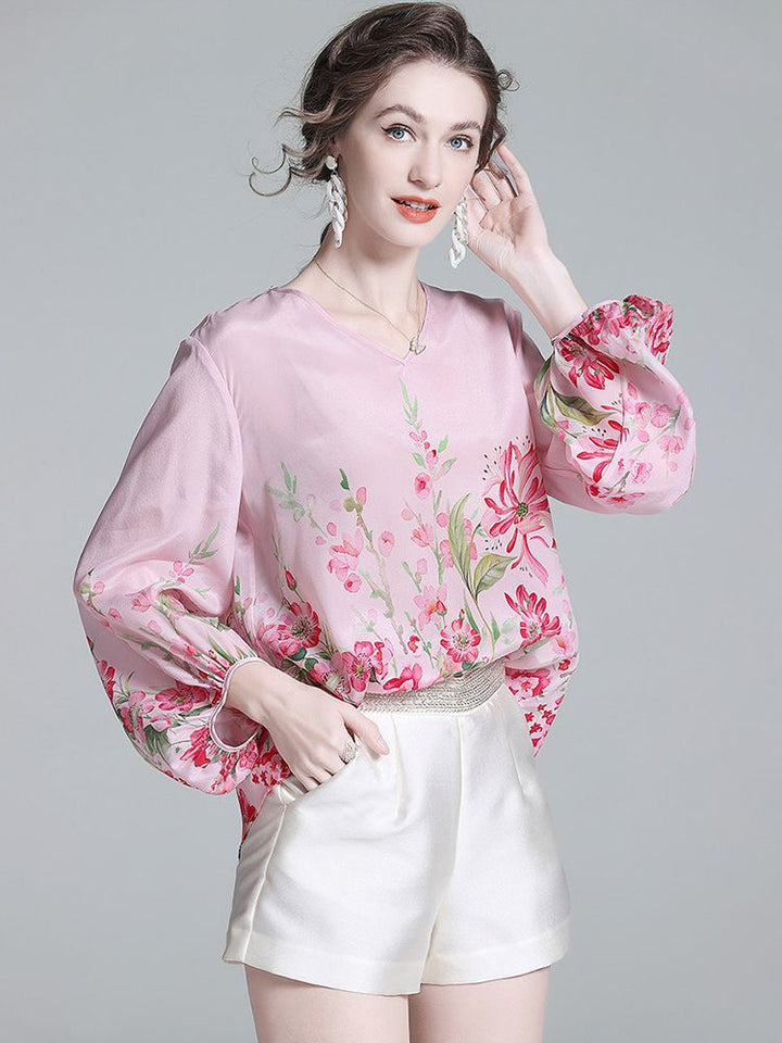 Women's Luxury Floral Silk Blouse Blush Pink V-Neck Bishop Sleeve Top