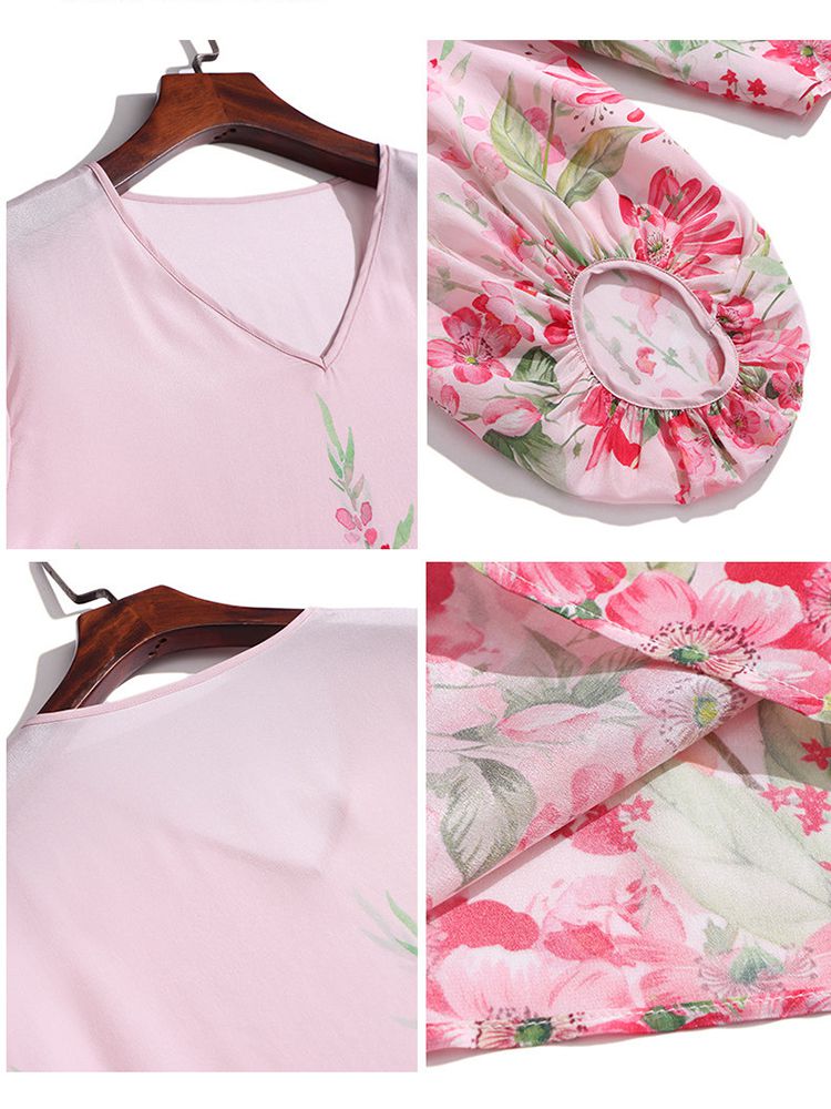 Women's Luxury Floral Silk Blouse Blush Pink V-Neck Bishop Sleeve Top