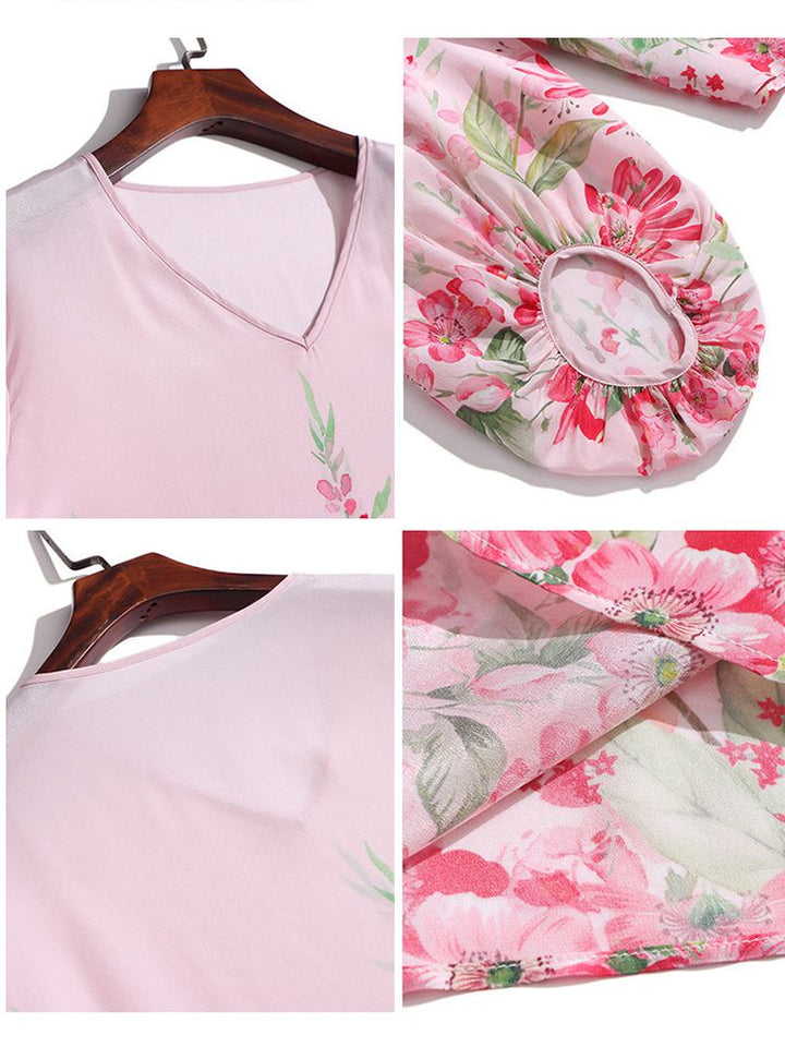 Women's Luxury Floral Silk Blouse Blush Pink V-Neck Bishop Sleeve Top