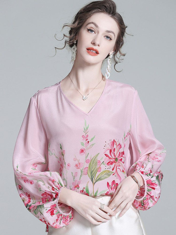 Women's Luxury Floral Silk Blouse Blush Pink V-Neck Bishop Sleeve Top