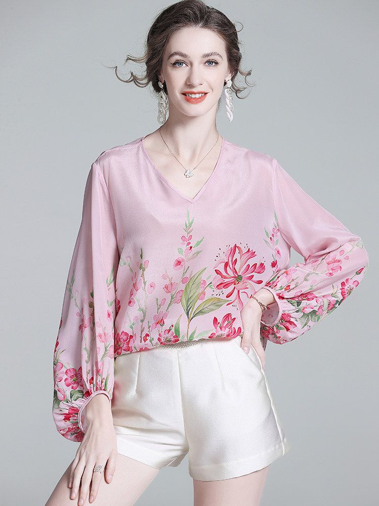 Women's Luxury Floral Silk Blouse Blush Pink V-Neck Bishop Sleeve Top