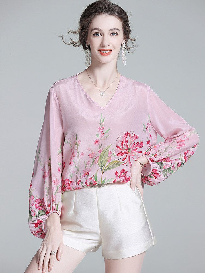 Women's Luxury Floral Silk Blouse Blush Pink V-Neck Bishop Sleeve Top
