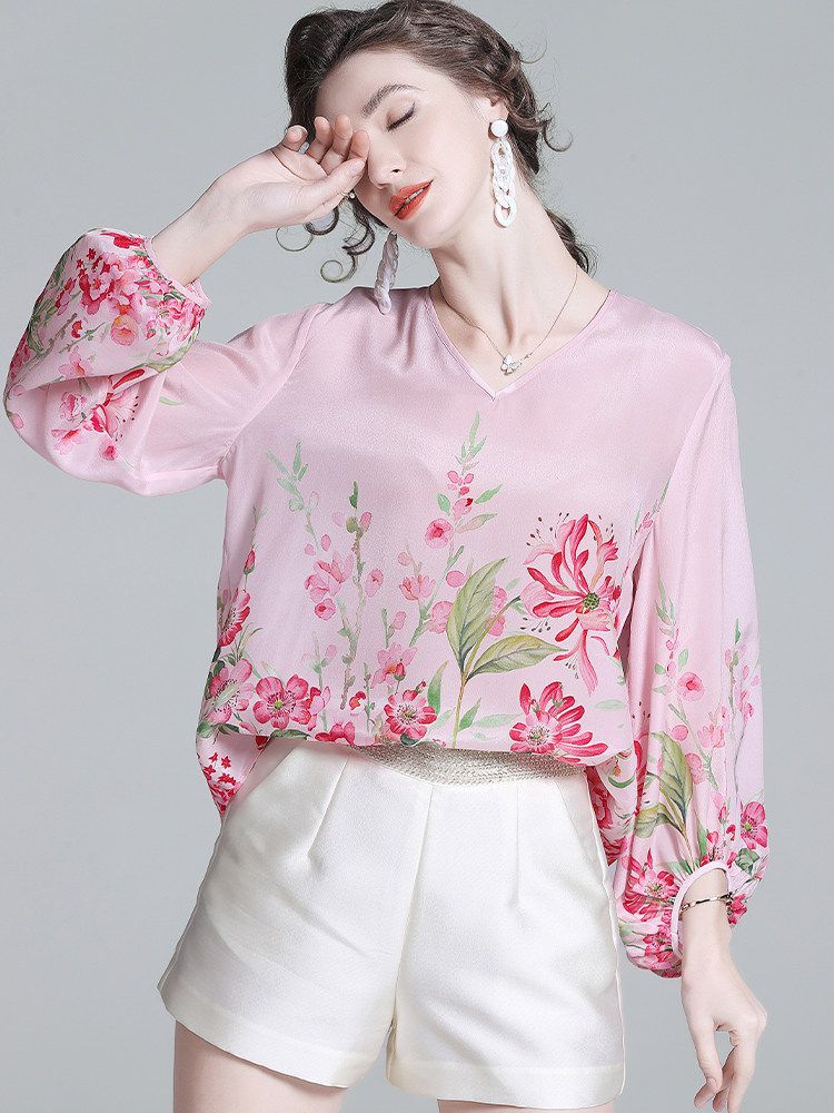Women's Luxury Floral Silk Blouse Blush Pink V-Neck Bishop Sleeve Top