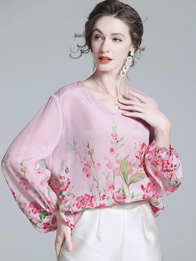 Women's Luxury Floral Silk Blouse Blush Pink V-Neck Bishop Sleeve Top
