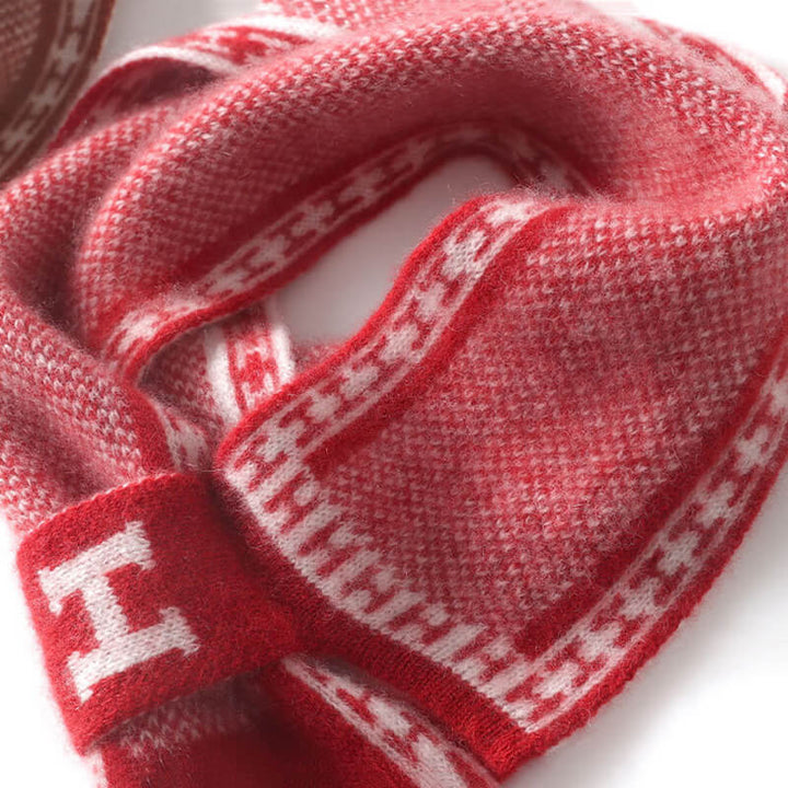 Women's Patterned 100% Cashmere Knitted Scarf with Letter "H" Detail