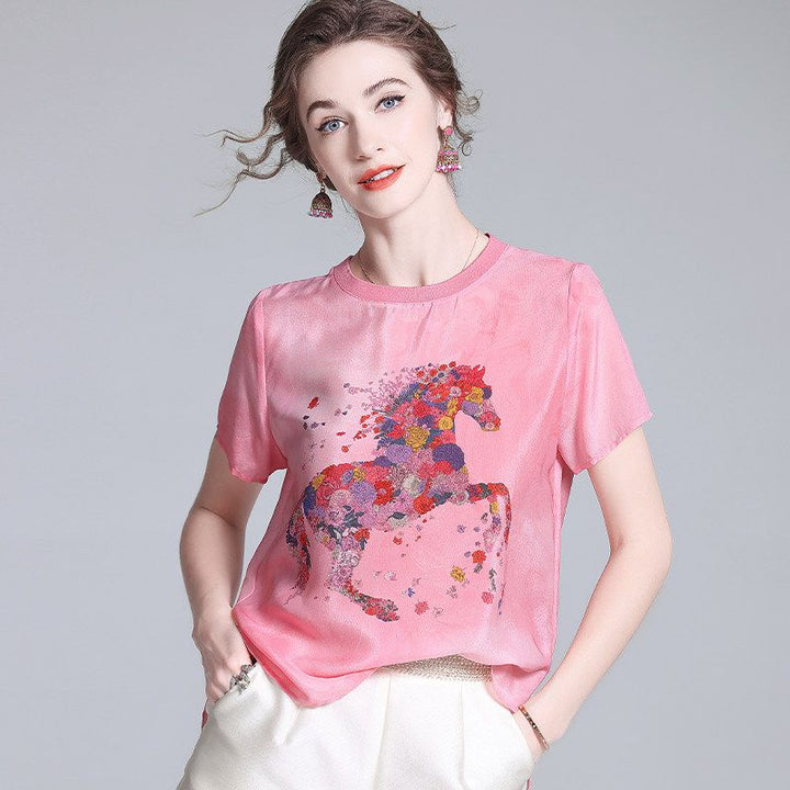 Pink Floral Horse Print Crew Neck Short Sleeve Stretchable Silk Shirt