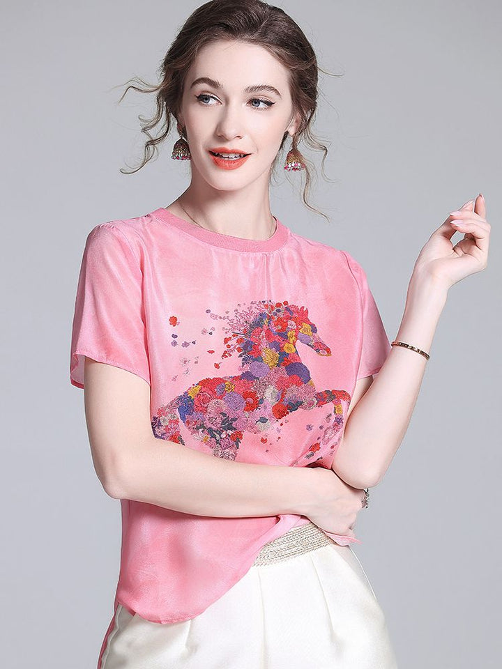 Pink Floral Horse Print Crew Neck Short Sleeve Stretchable Silk Shirt