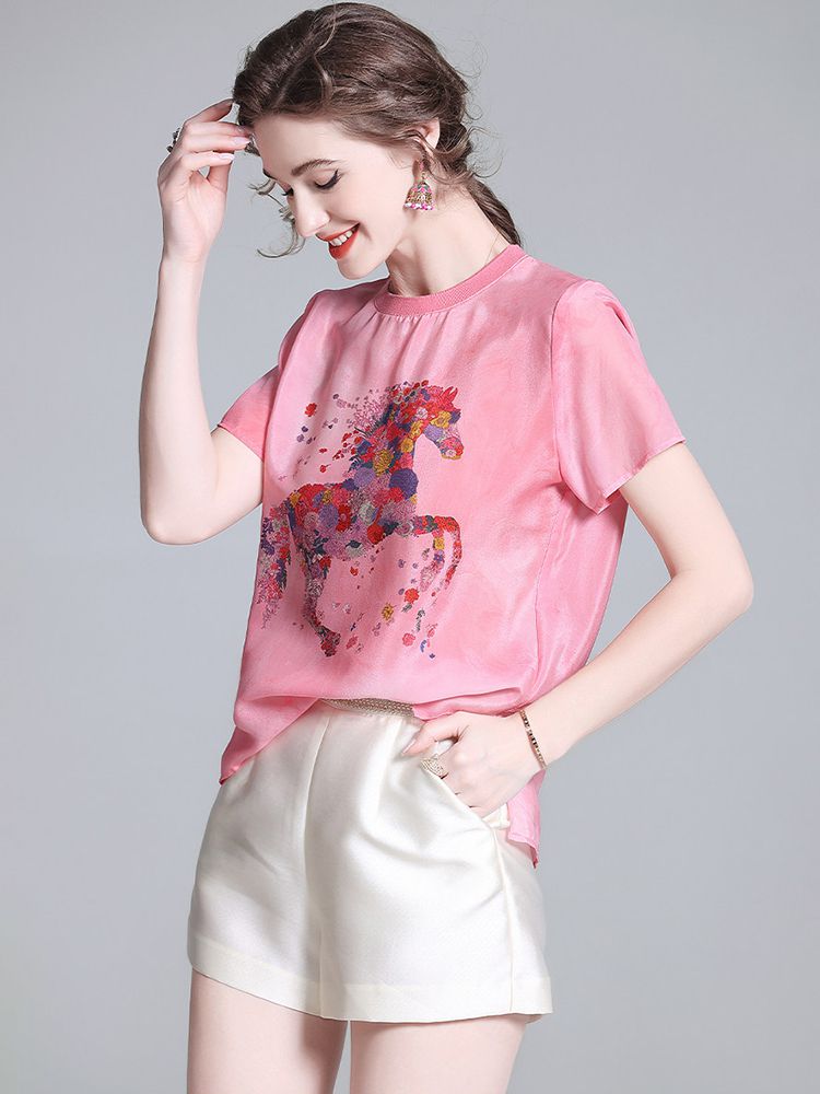 Pink Floral Horse Print Crew Neck Short Sleeve Stretchable Silk Shirt