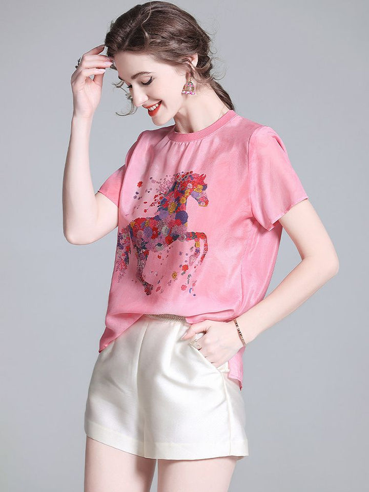 Pink Floral Horse Print Crew Neck Short Sleeve Stretchable Silk Shirt