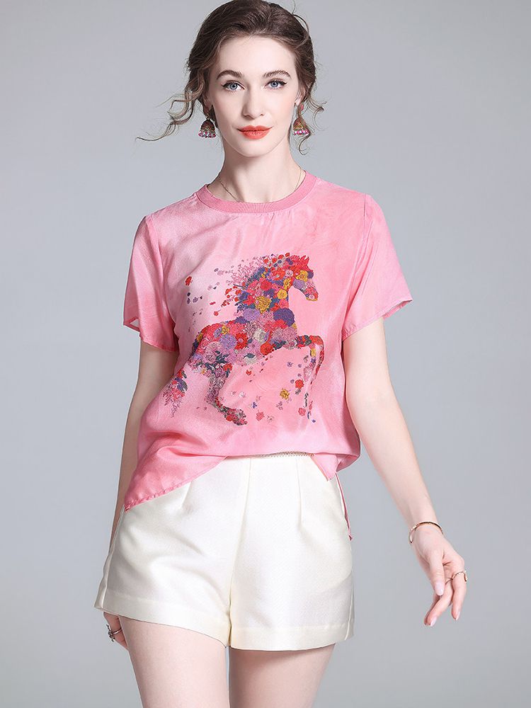Pink Floral Horse Print Crew Neck Short Sleeve Stretchable Silk Shirt