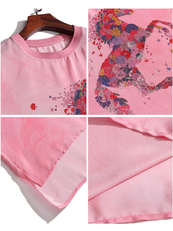 Pink Floral Horse Print Crew Neck Short Sleeve Stretchable Silk Shirt