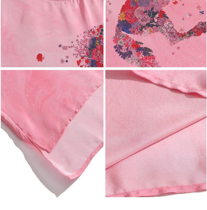 Pink Floral Horse Print Crew Neck Short Sleeve Stretchable Silk Shirt