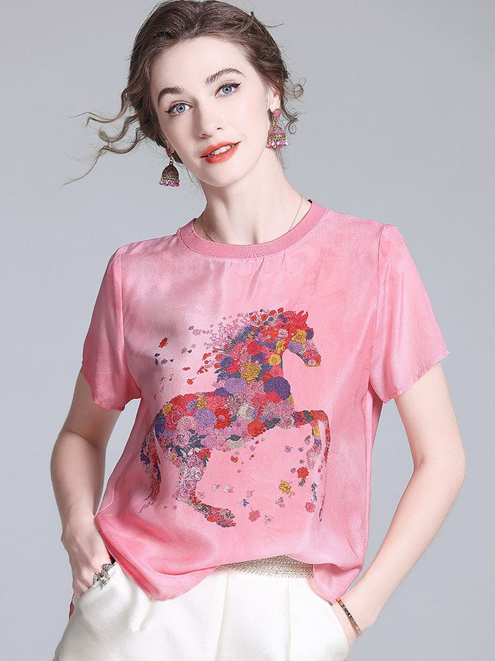 Pink Floral Horse Print Crew Neck Short Sleeve Stretchable Silk Shirt