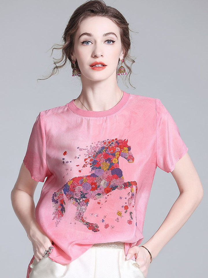 Pink Floral Horse Print Crew Neck Short Sleeve Stretchable Silk Shirt