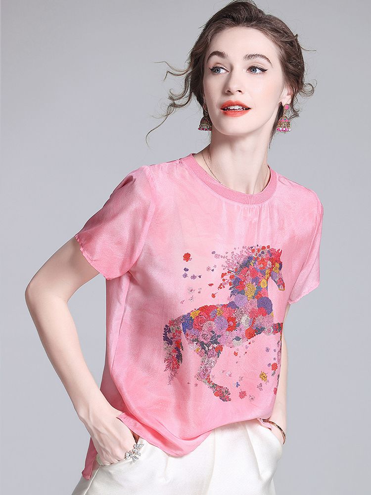 Pink Floral Horse Print Crew Neck Short Sleeve Stretchable Silk Shirt