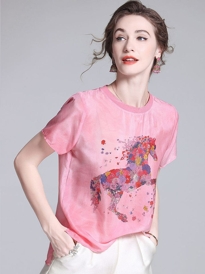 Pink Floral Horse Print Crew Neck Short Sleeve Stretchable Silk Shirt