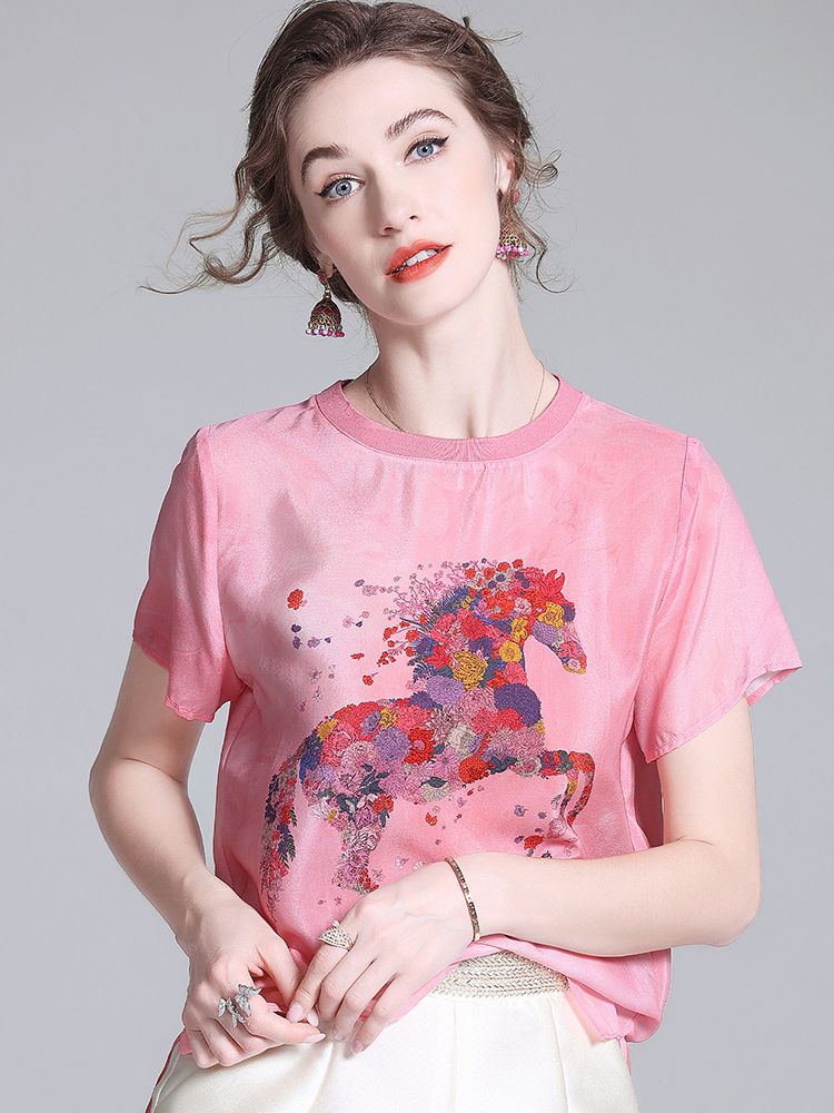 Pink Floral Horse Print Crew Neck Short Sleeve Stretchable Silk Shirt