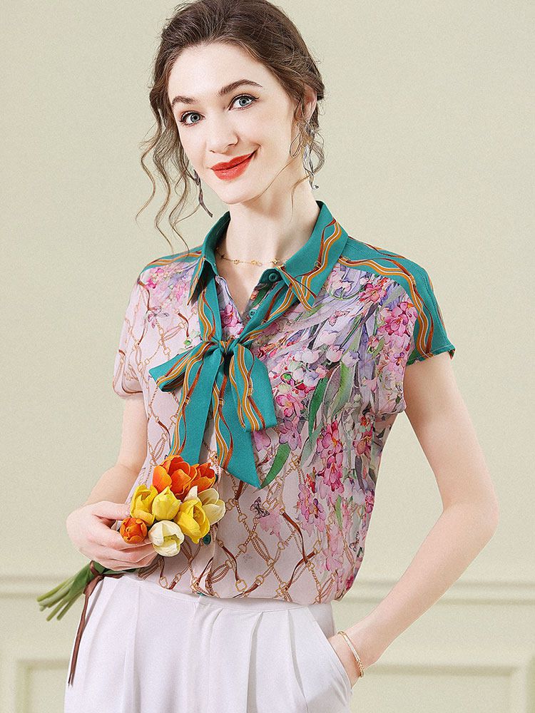 Women's Pink and Green Chain Printed Short Sleeve Tie-Neck Silk Blouse