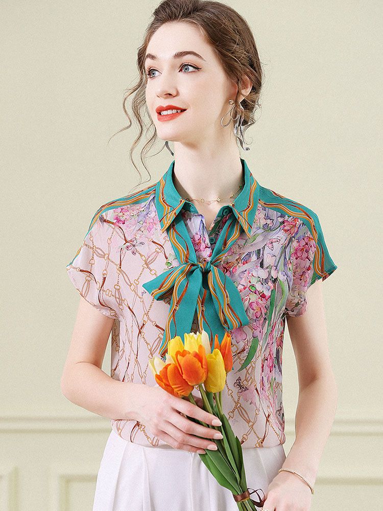 Women's Pink and Green Chain Printed Short Sleeve Tie-Neck Silk Blouse