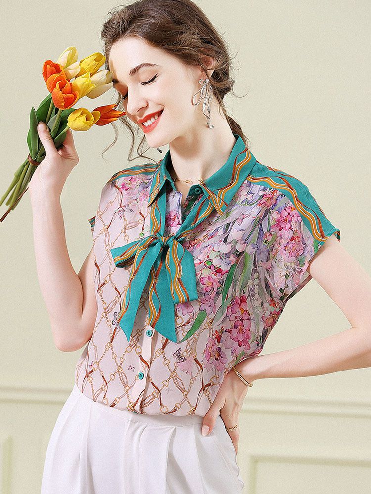 Women's Pink and Green Chain Printed Short Sleeve Tie-Neck Silk Blouse