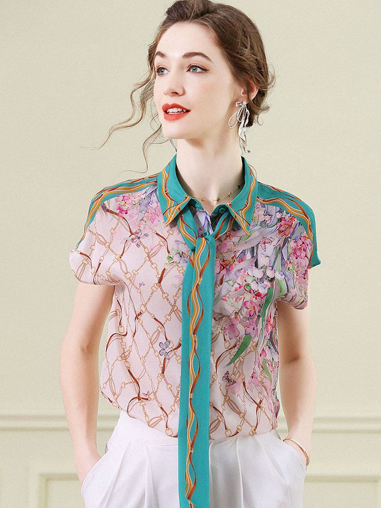 Women's Pink and Green Chain Printed Short Sleeve Tie-Neck Silk Blouse