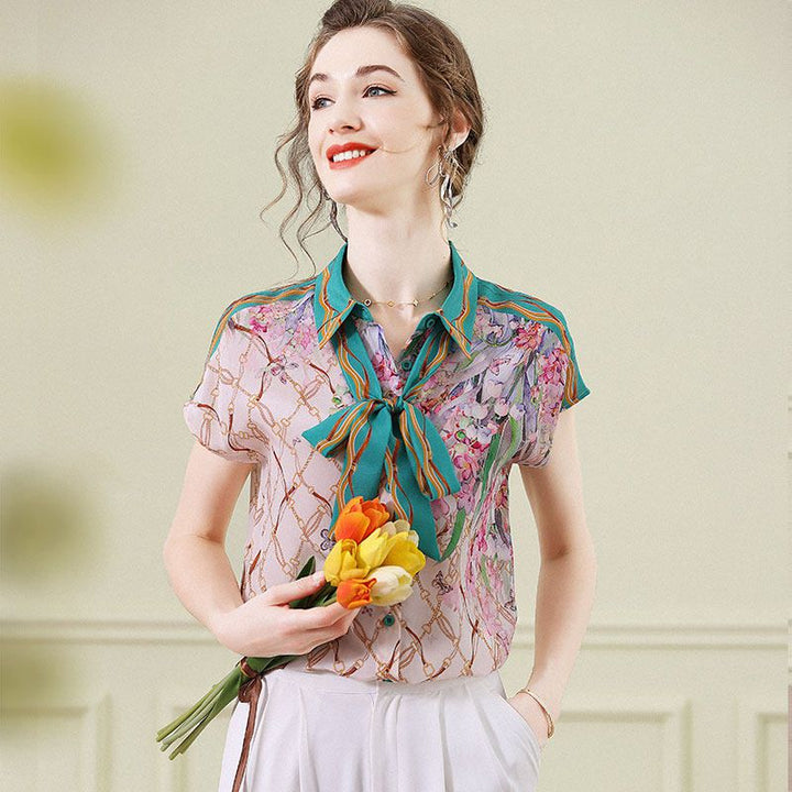 Women's Pink and Green Chain Printed Short Sleeve Tie-Neck Silk Blouse