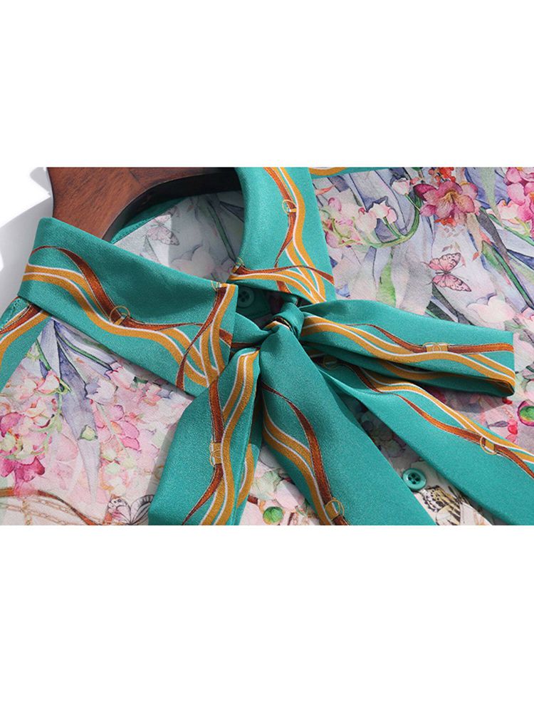 Women's Pink and Green Chain Printed Short Sleeve Tie-Neck Silk Blouse