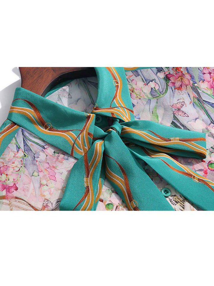 Women's Pink and Green Chain Printed Short Sleeve Tie-Neck Silk Blouse