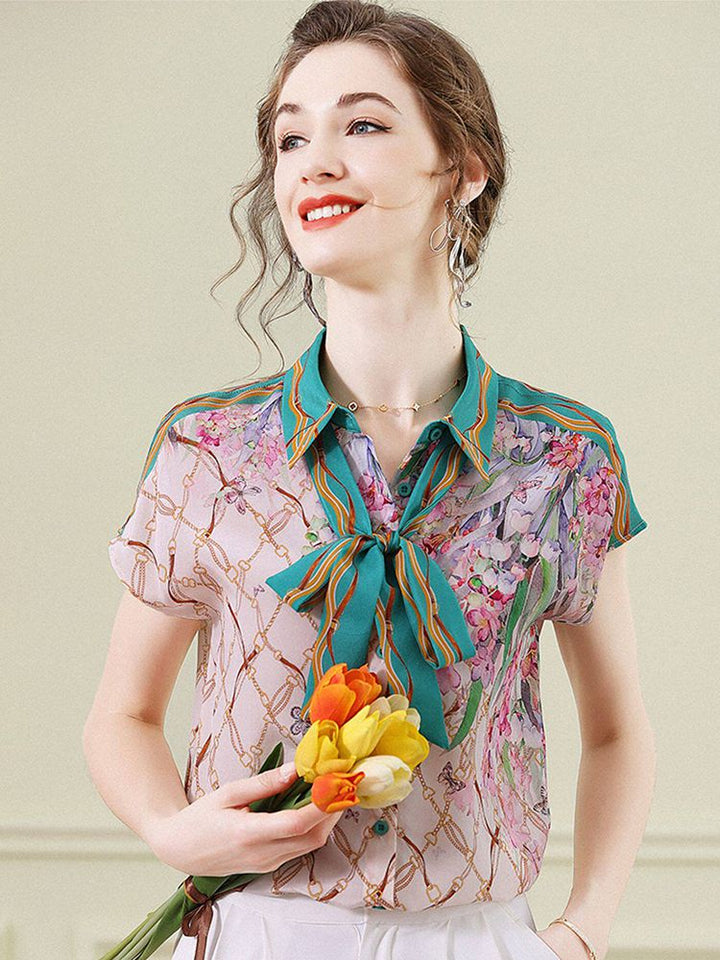 Women's Pink and Green Chain Printed Short Sleeve Tie-Neck Silk Blouse