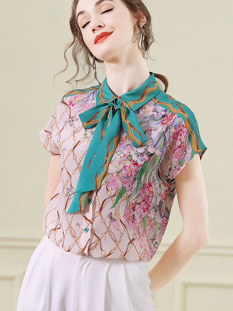 Women's Pink and Green Chain Printed Short Sleeve Tie-Neck Silk Blouse