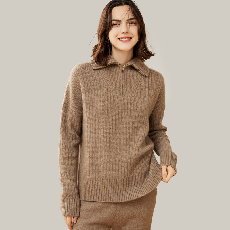 Women's Ribbed 100% Cashmere Polo Sweater CP006